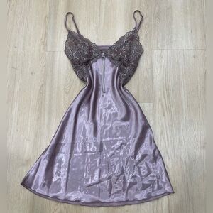 Ahu Lingerie taupe satin slip dress with lace details and bling detail. Size M